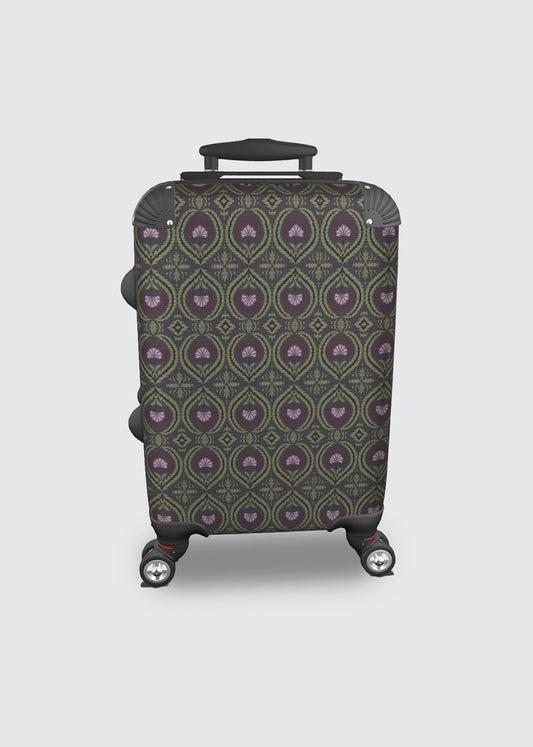 A hard-shell carry-on suitcase with a mocha and purple geometric pattern, featuring four spinner wheels and an extended telescopic handle, shown against a light gray background.