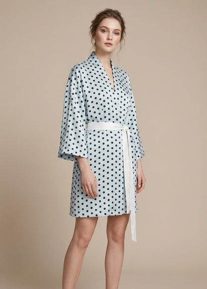 Kimono Silk Robe - Seafoam with Dots
