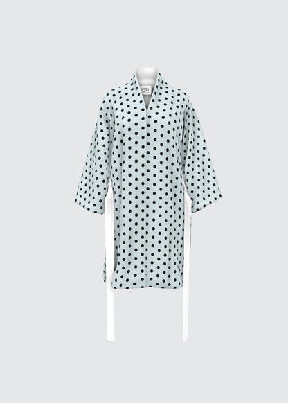 100% Silk kimono in pale blue with black polka dots with a white belt.