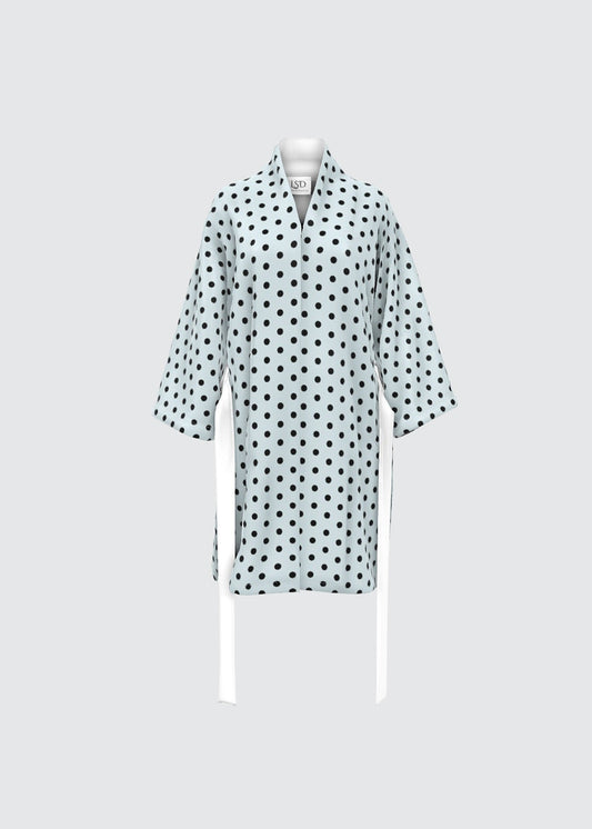 100% Silk kimono in pale blue with black polka dots with a white belt.