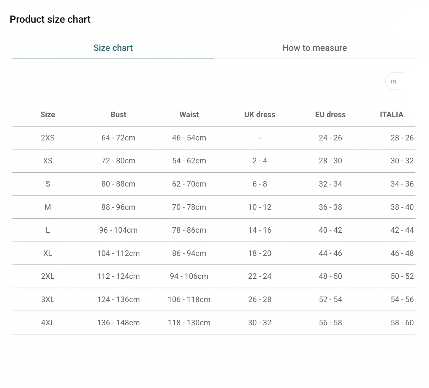 Woman's Bomber Jacket Sizes in centimetres.