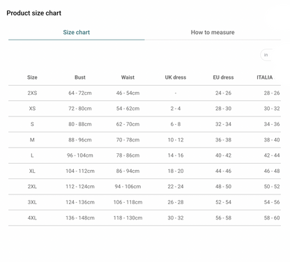 Woman's Bomber Jacket Sizes in centimetres.