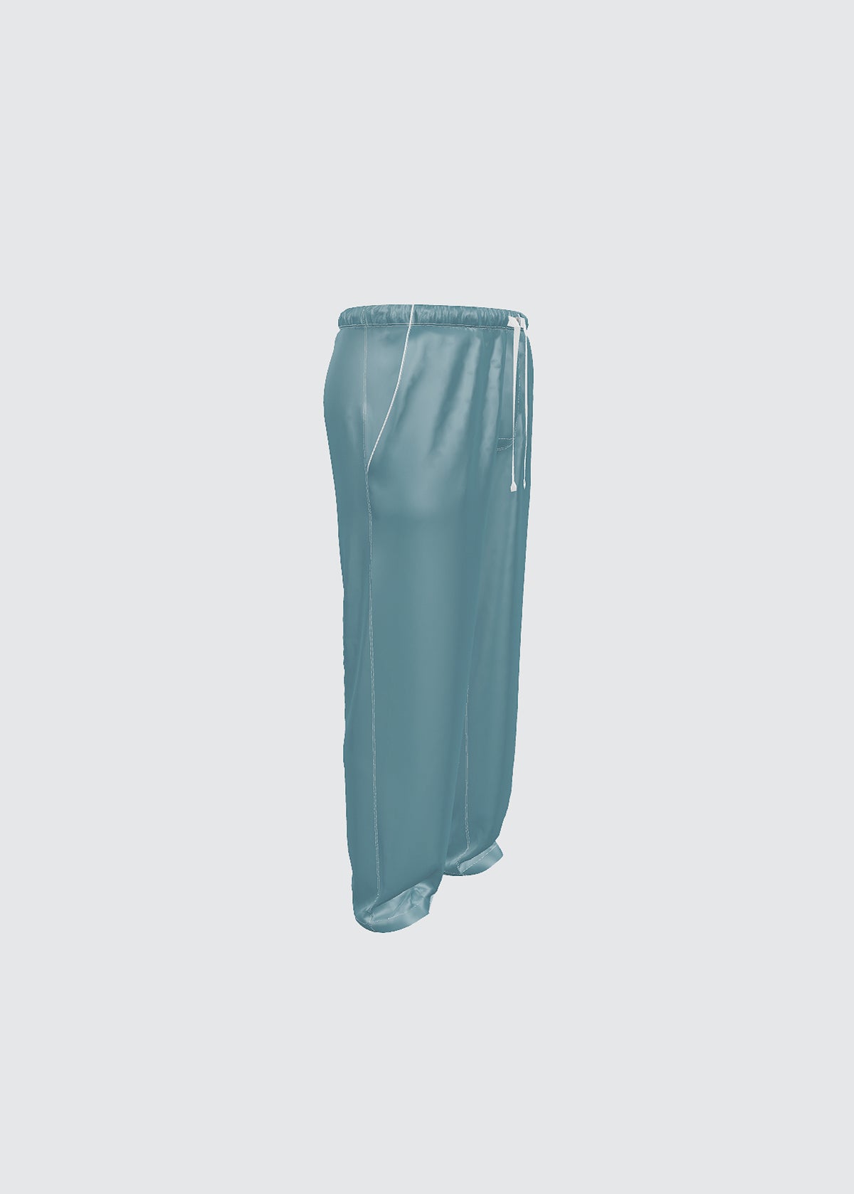 Teal silk pyjama bottoms for men on a light gray background.