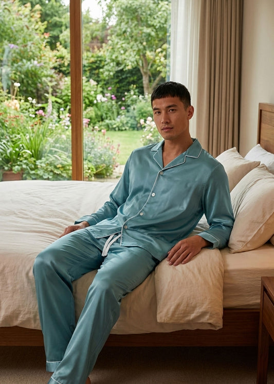 Man wearing teal silk pyjamas sitting on a bed with a garden view outside.