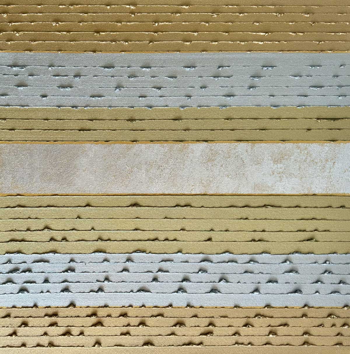 Close-up of textured oil painting in gold tones.