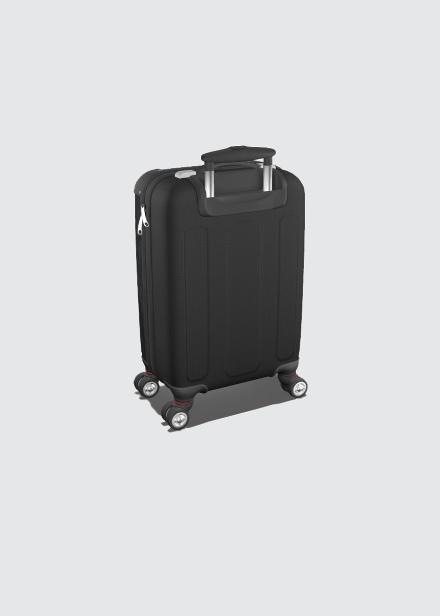 Back view of a black hard-shell spinner suitcase with an extended telescoping handle and four wheels.