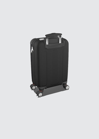 Back view of a black hard-shell spinner suitcase with an extended telescoping handle and four wheels.