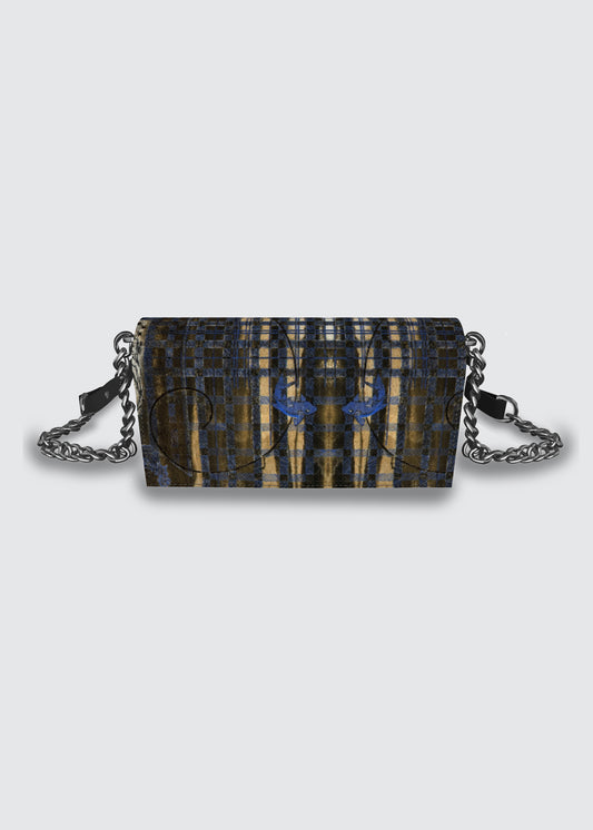 A small rectangular shoulder bag with a chain strap, featuring a plaid pattern in black, blue, and gold, with two blue koi fish displayed against a light gray background.