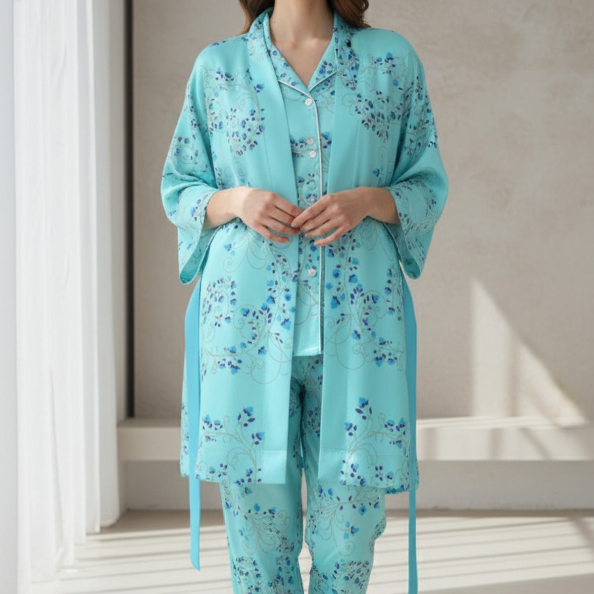 Kimono Silk Robe - Turquoise With Fibonacci Floral Design