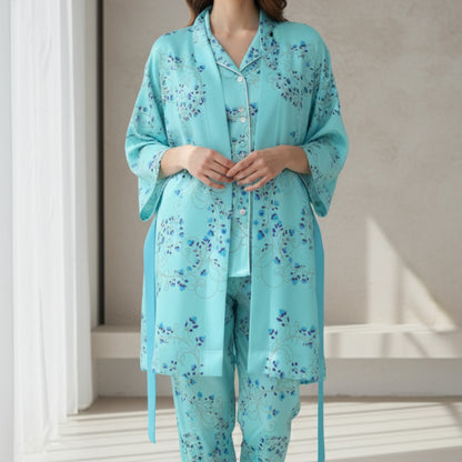 Kimono Silk Robe - Turquoise With Fibonacci Floral Design