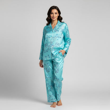 Silk Pyjamas - Floral on Turquoise