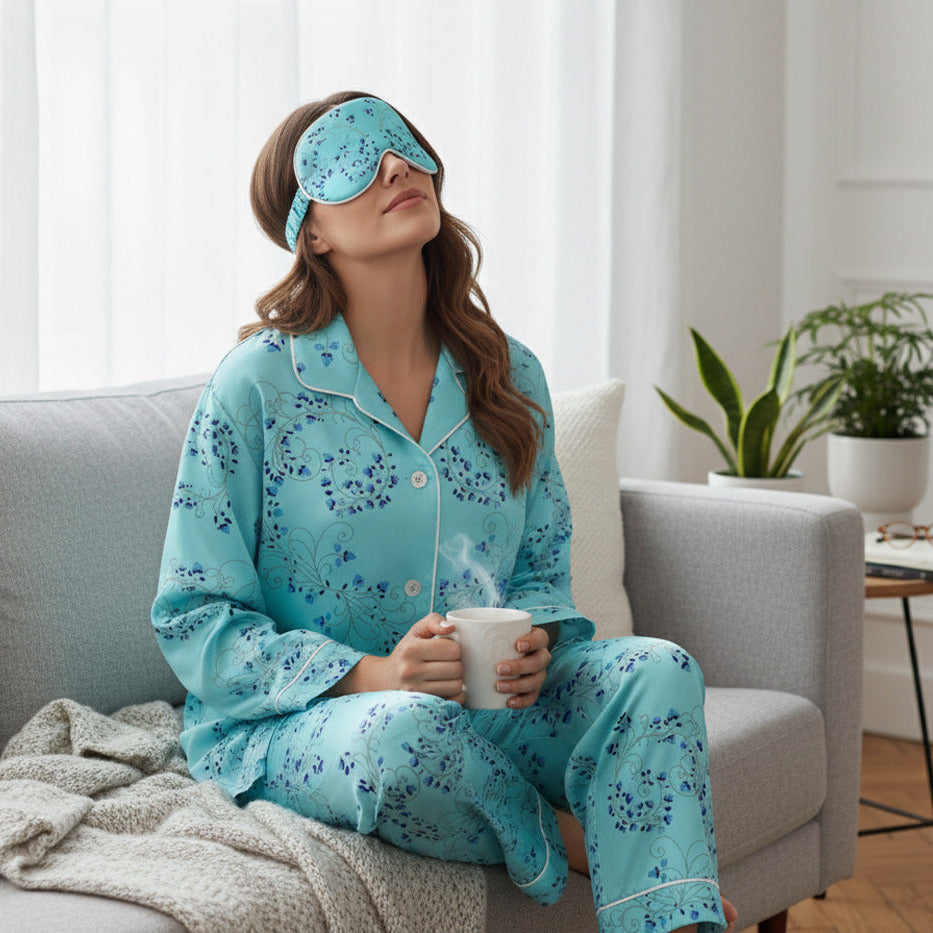 Woman in silk turquoise pajamas and silk eye mask holding a mug on a couch.