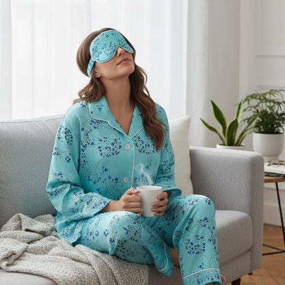 Woman in silk turquoise pajamas and silk eye mask holding a mug on a couch.