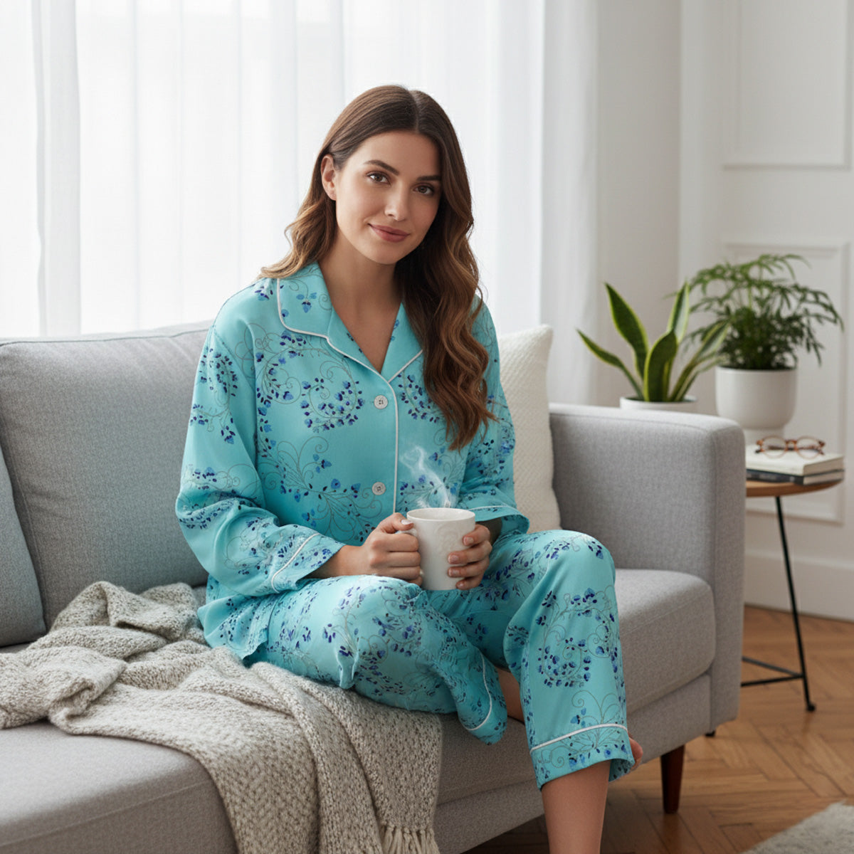 Silk Pyjamas - Floral on Turquoise