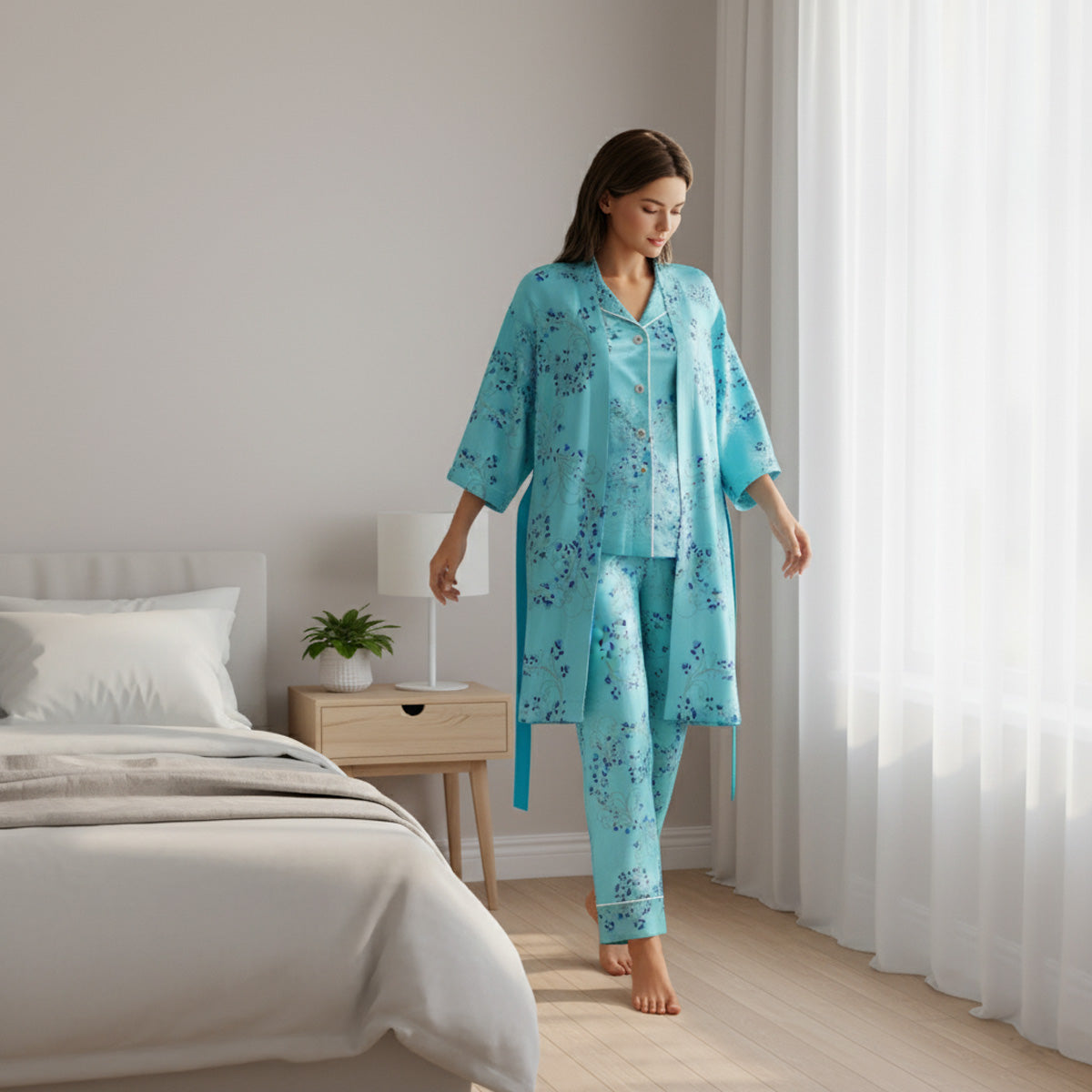 Kimono Silk Robe - Turquoise With Fibonacci Floral Design