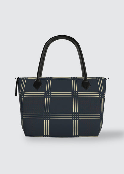 Handbag - Tote - Satin - Navy With Grid