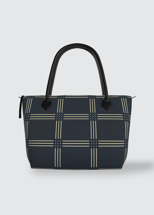 Handbag - Tote - Satin - Navy With Grid