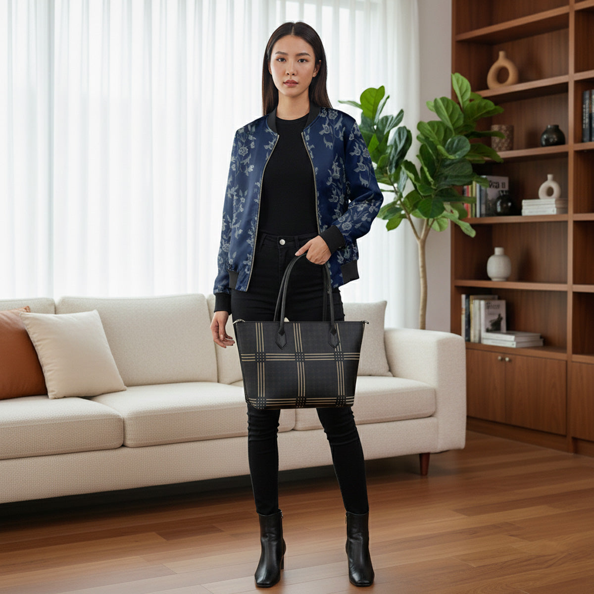 Handbag - Tote - Satin - Navy With Grid