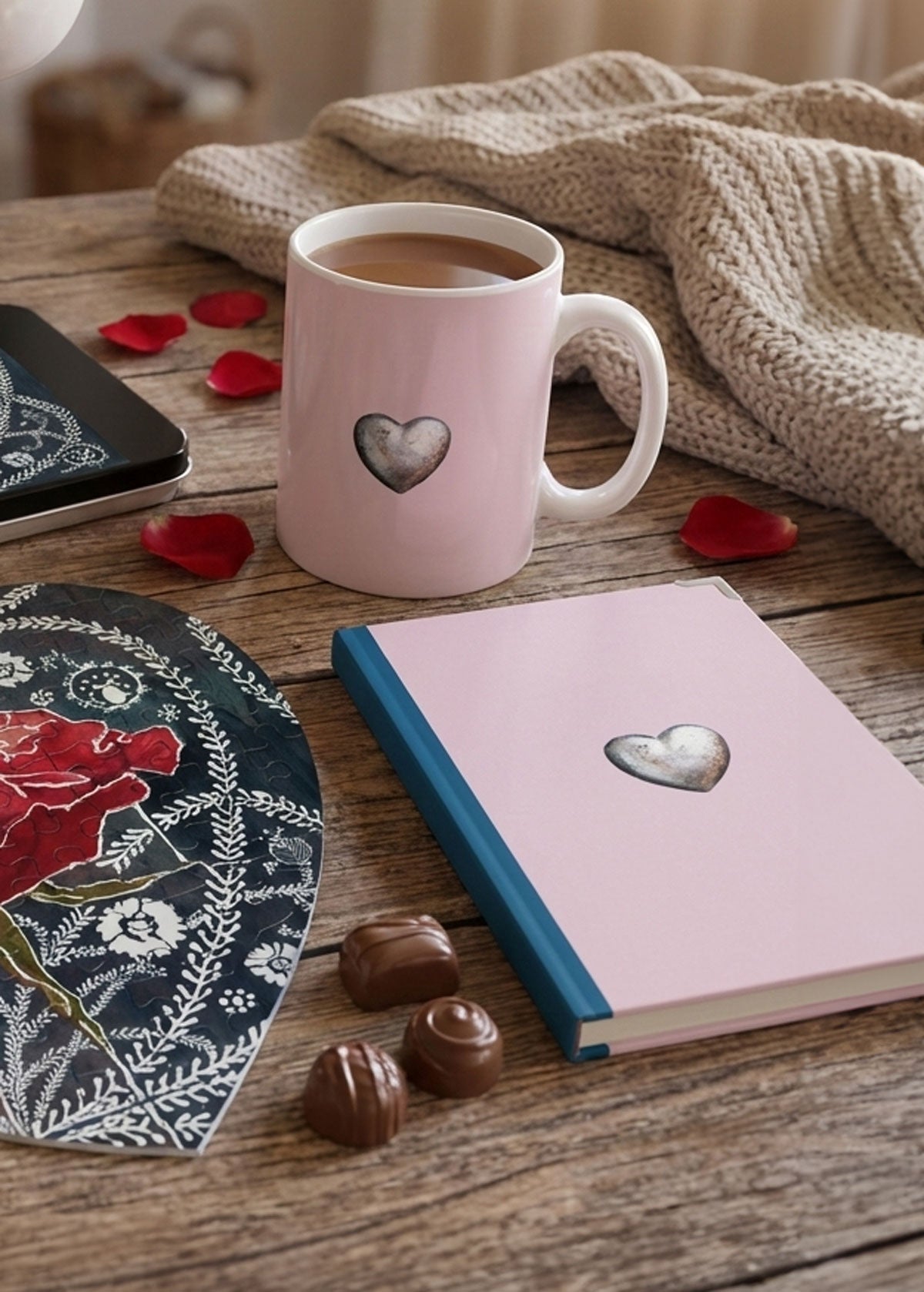 Pink mug and notbook journal with heart design, chocolates, and rose petals on a wooden table.