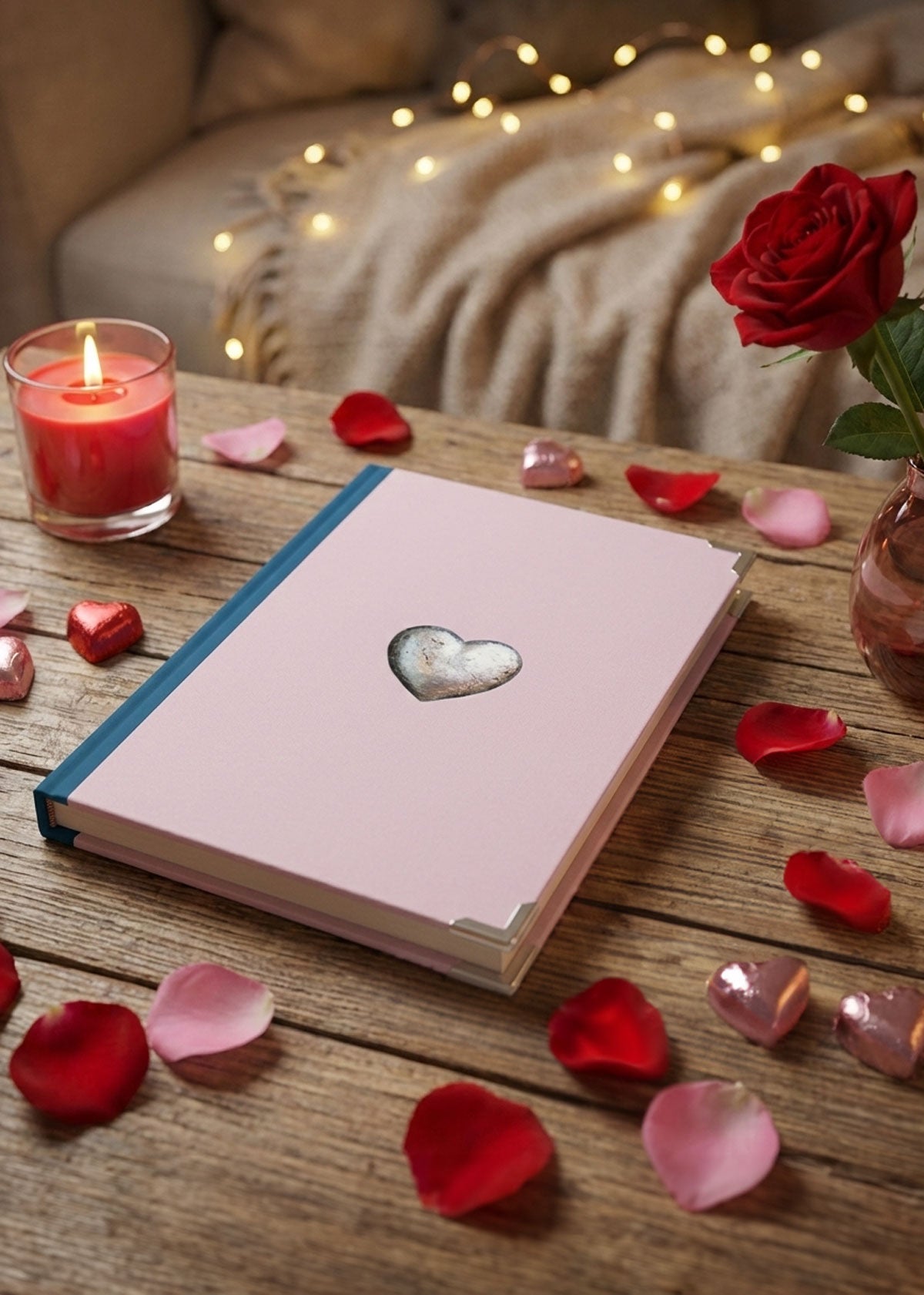 Pink hardback journal notebook with a heart-shaped object on a wooden surface surrounded by rose petals and a lit candle.