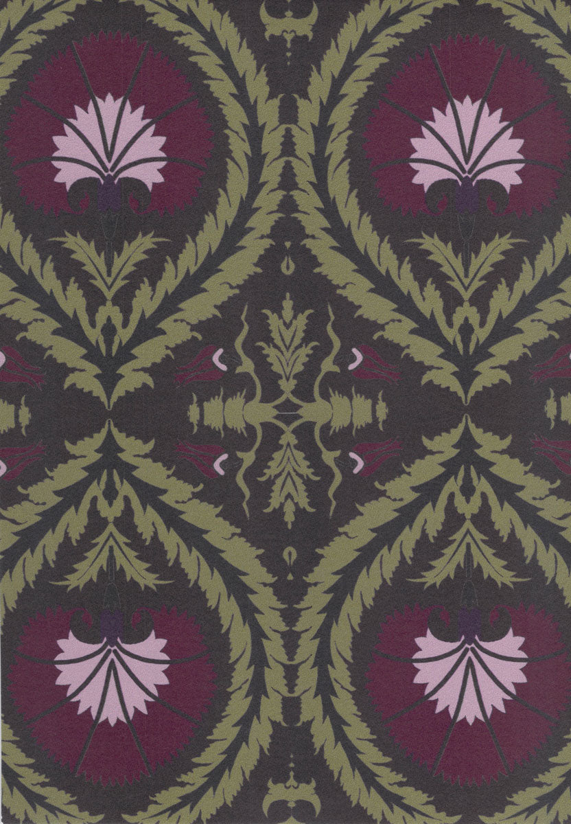 Wallpaper Acanthus and Wreath Grape and Green on Coffee - £37.50 per sq metre