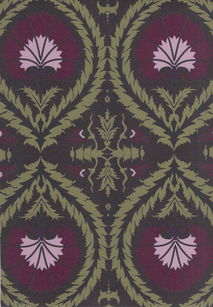 Wallpaper Acanthus and Wreath Grape and Green on Coffee - £37.50 per sq metre