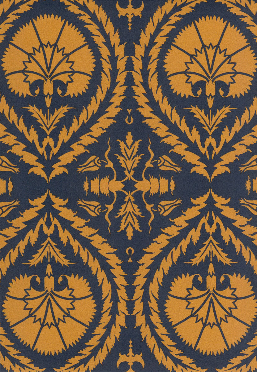 Wallpaper Acanthus And Wreath Ochre On Blue - £37.50 per sq metre