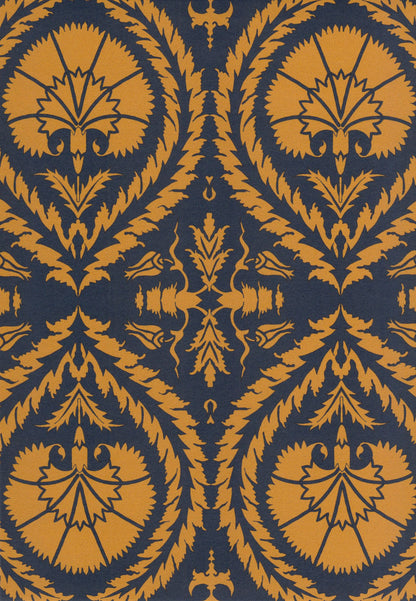 Wallpaper Acanthus And Wreath Ochre On Blue - £37.50 per sq metre