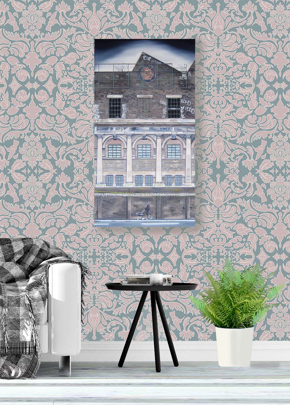 Wallpaper Hummingbird Damask Pink Sage - £37.50 per sq metre