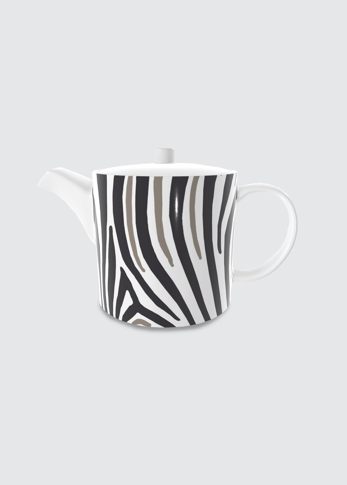 A white ceramic bone china teapot with a black and gray zebra stripe pattern, shown against a solid light gray background.