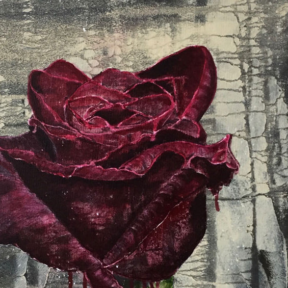 A close-up of a painting of a dark red rose with textured, dripping paint details against a distressed gray and beige background.