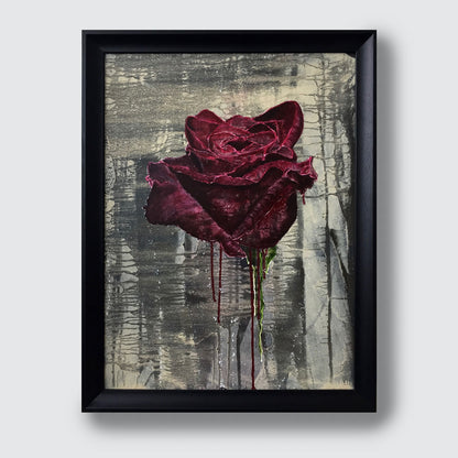 A framed original acrylic painting featuring a textured, crimson rose dripping with red paint against a distressed gray and beige background, enclosed in a simple black frame.