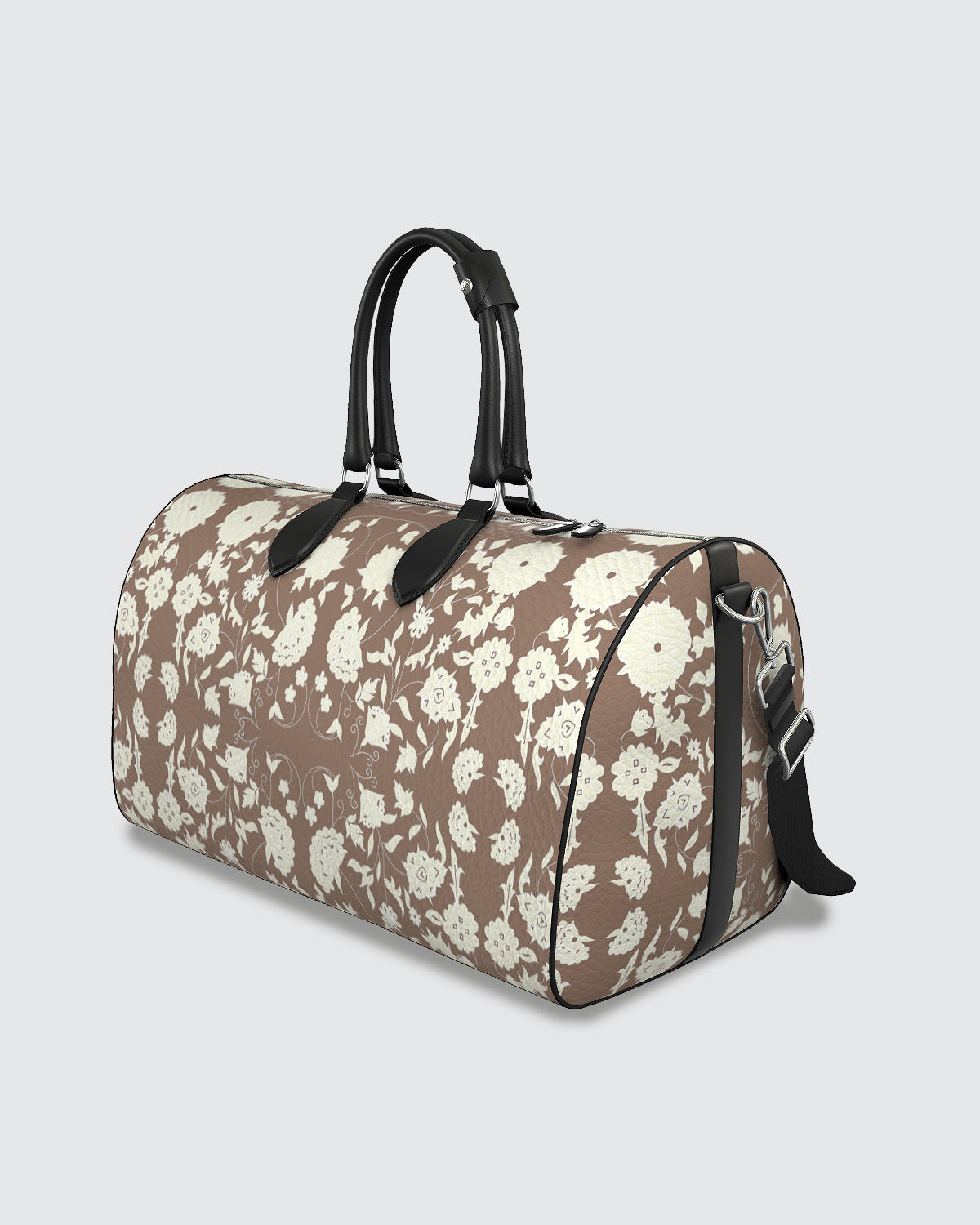 Duffle bag with white floral pattern on mocha background