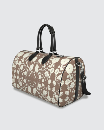 Duffle bag with white floral pattern on mocha background