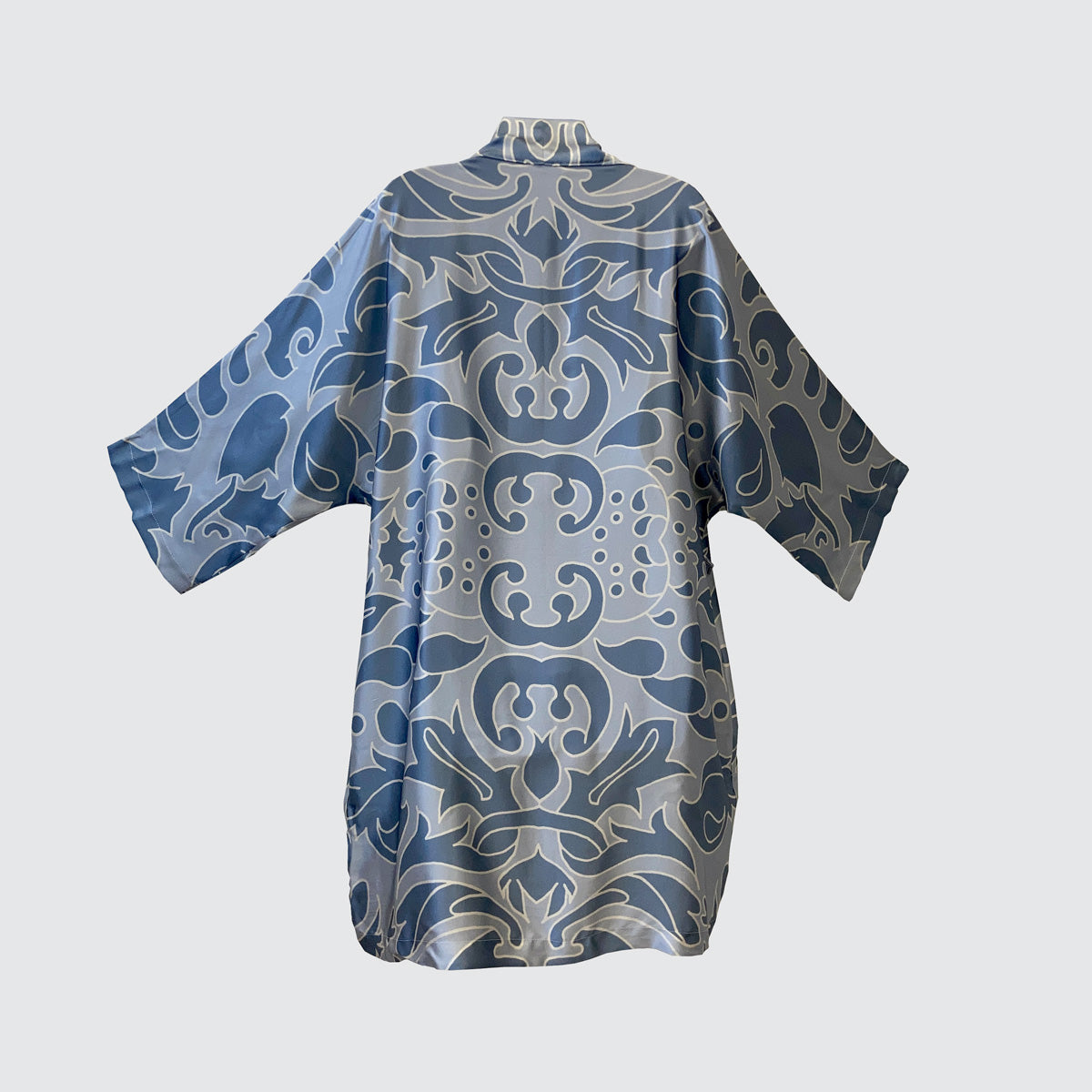 silk kimono blue on blue damask back view