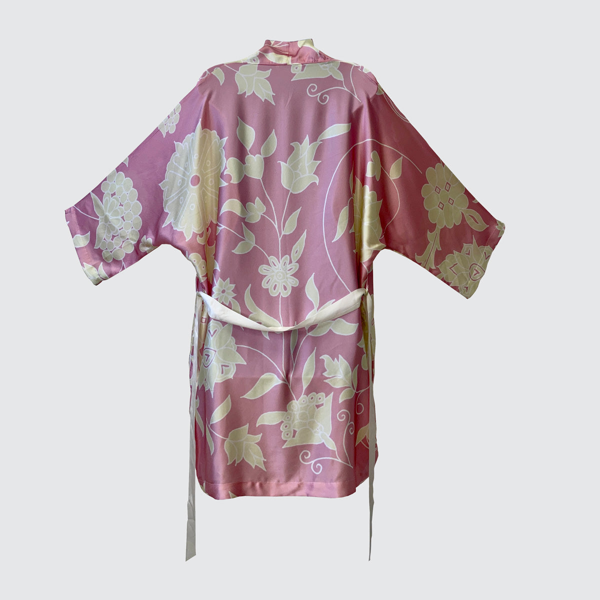 silk kimono pink with cream flowers back view