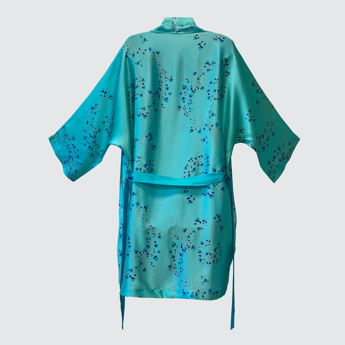 Turquoise silk kimono with fibonnaci flower design back view