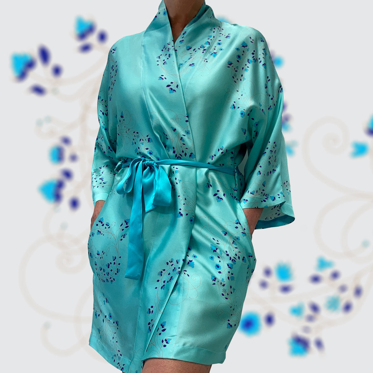 turquoise silk kimono with flowers in fibonnacci pattern