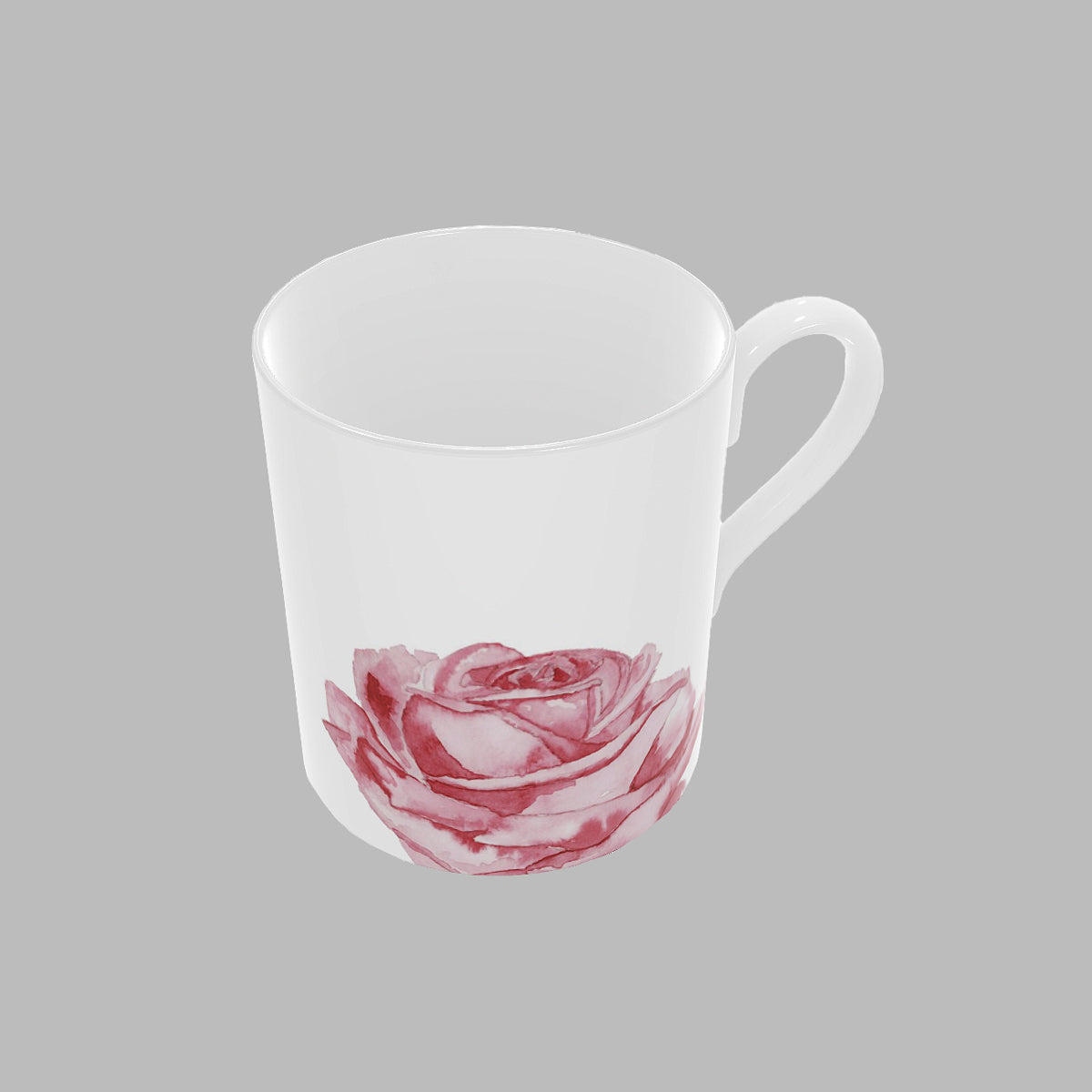 White bone china mug with a pink rose design 