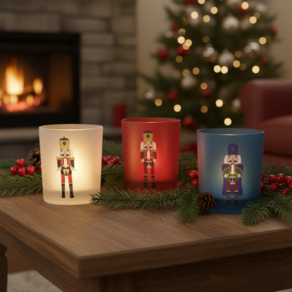 Three Nutcracker Glass Tea Light Holders