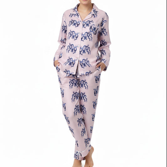 Silk Pyjamas - Blue Dragon On Pink