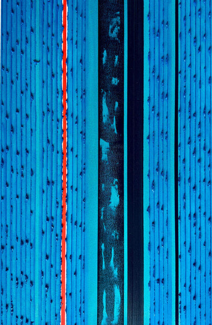 Abstract  artwork hung vertically with textured blue panels, a narrow red stripe, and dark central bands.