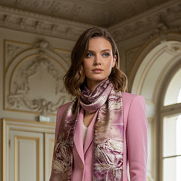 Silk Scarf - Violet Pink With Roses - Handrolled Edges