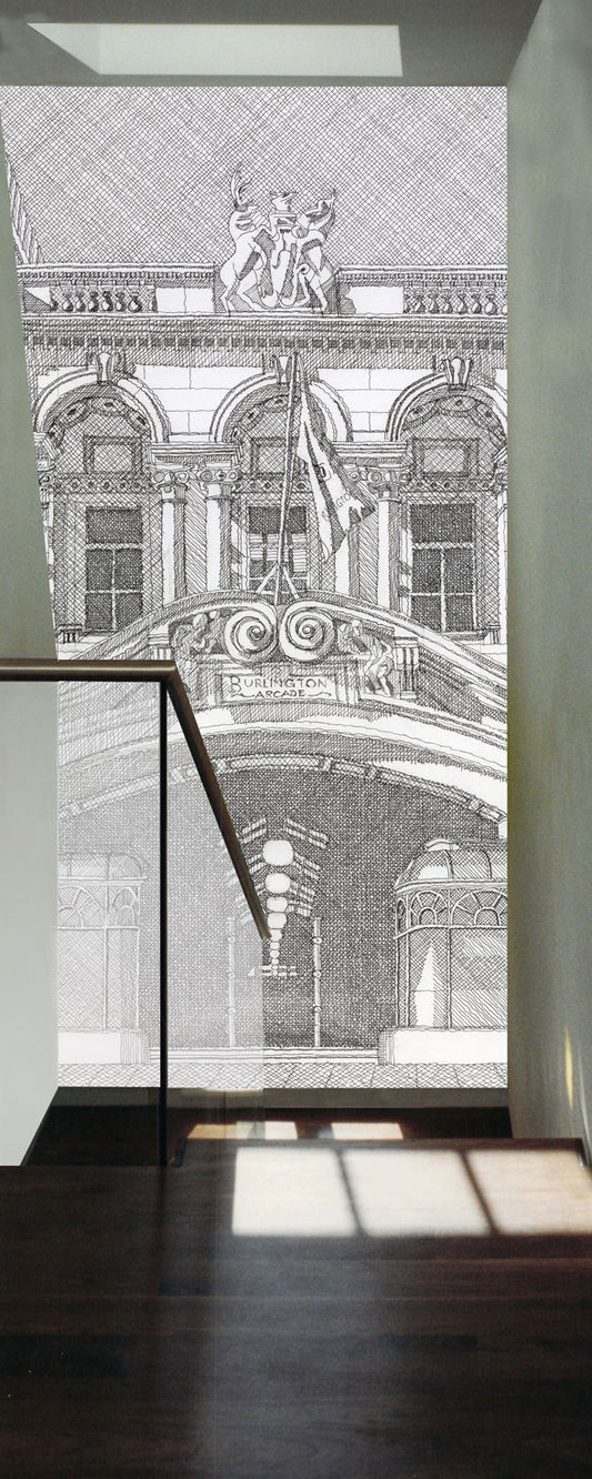 Wallpaper mural of Burlington Arcade in London shown on a staircase.