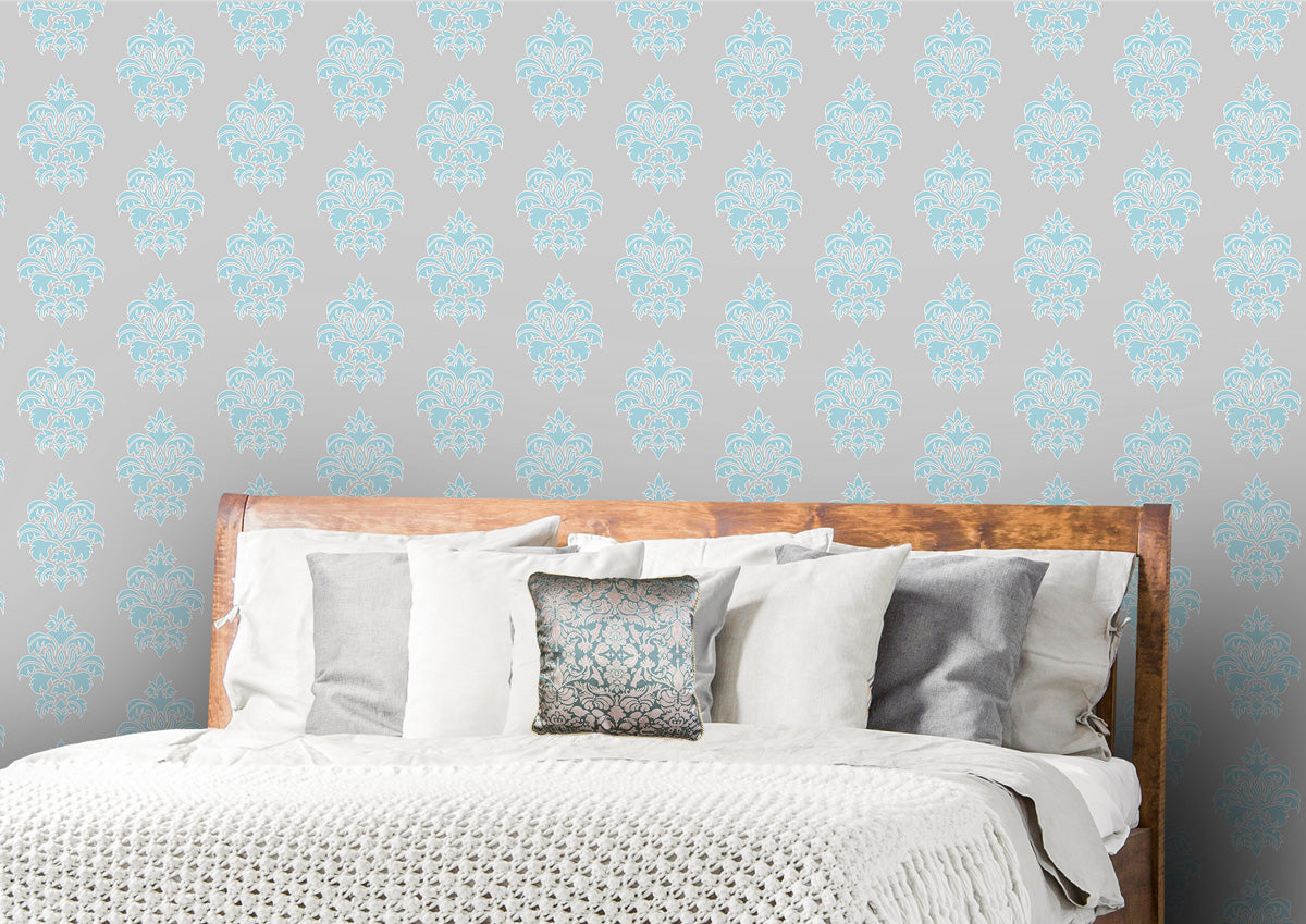 Wallpaper Damask Flower Blue On Grey - £37.50 per sq metre