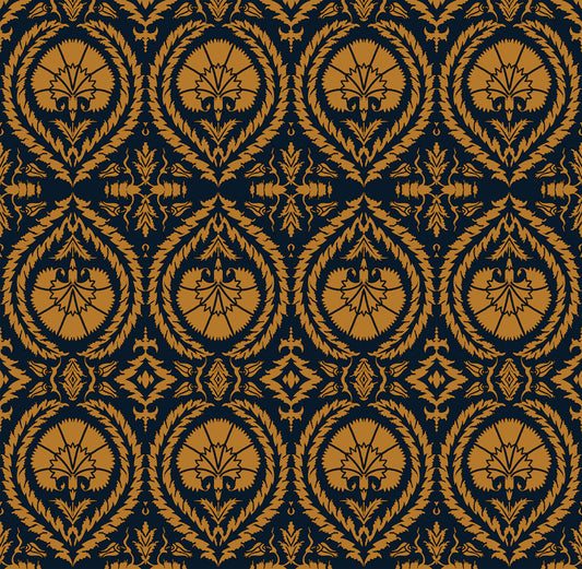 Wallpaper Acanthus And Wreath Ochre On Blue - £37.50 per sq metre
