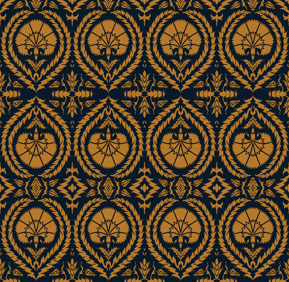 Wallpaper Acanthus And Wreath Ochre On Blue - £37.50 per sq metre