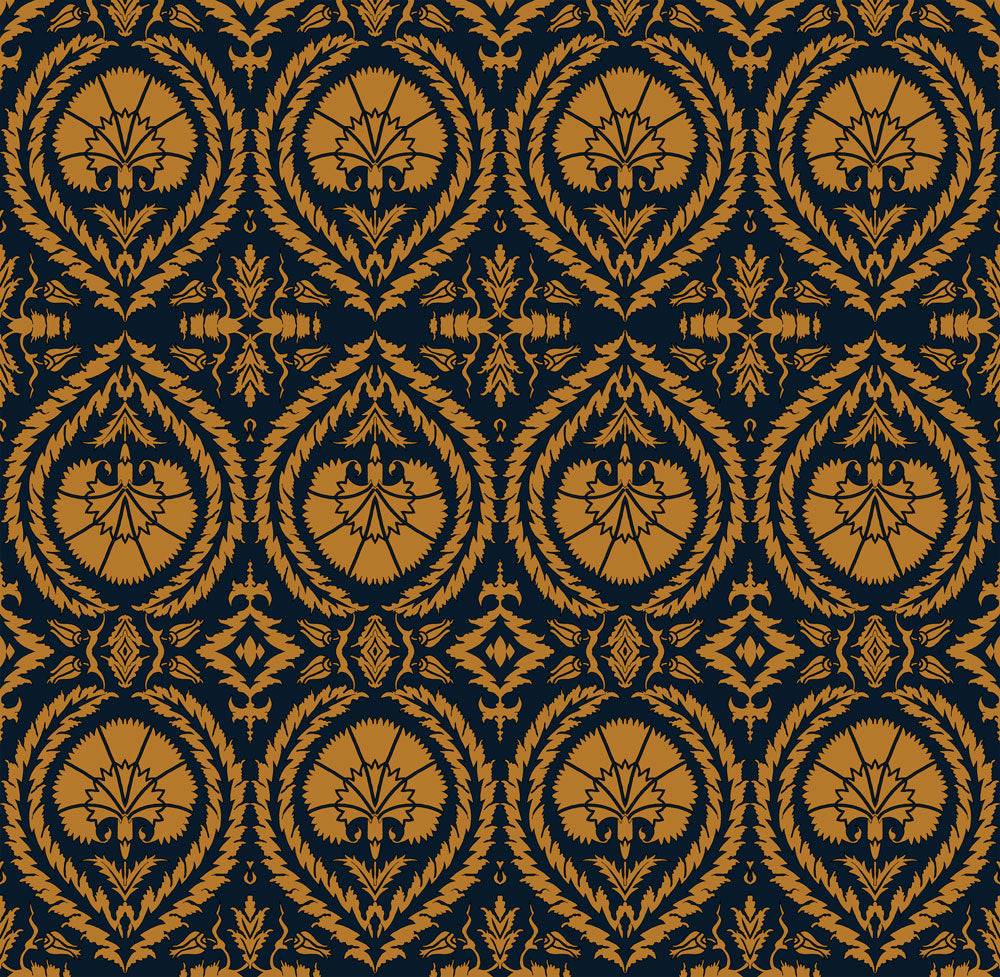 Wallpaper Acanthus And Wreath Ochre On Blue - £37.50 per sq metre