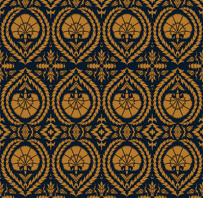 Wallpaper Acanthus And Wreath Ochre On Blue - £37.50 per sq metre