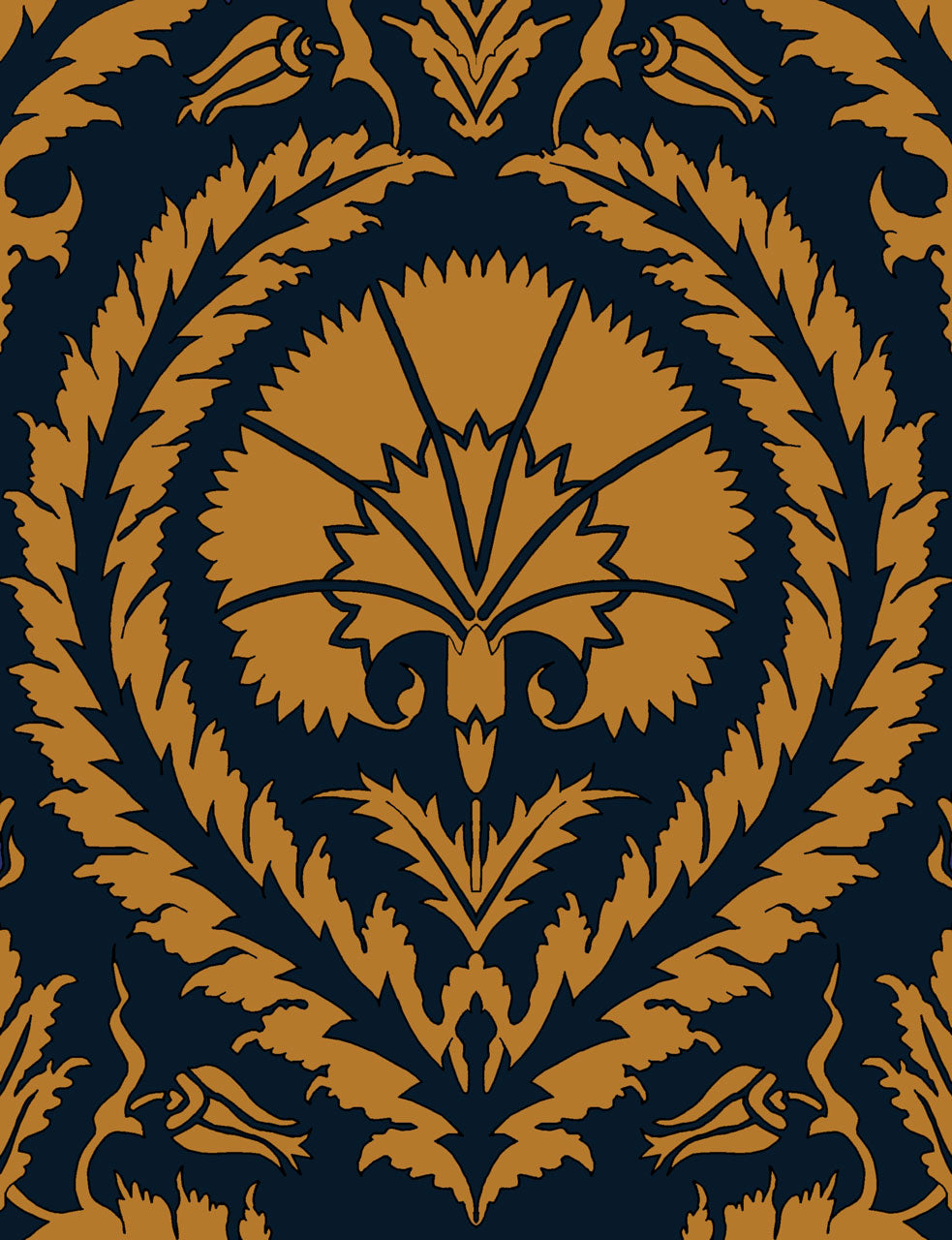 Wallpaper Acanthus And Wreath Ochre On Blue - £37.50 per sq metre